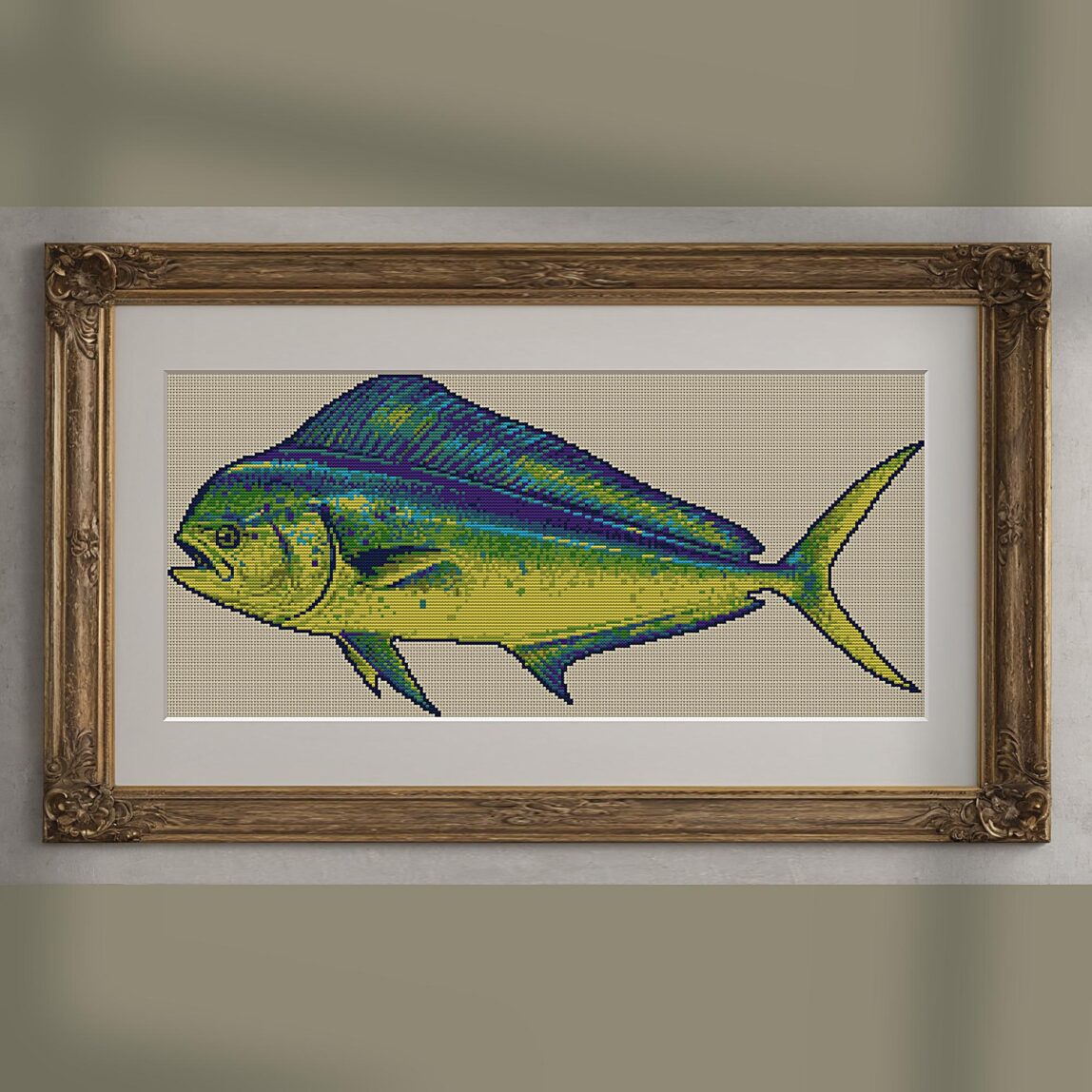 mahi-mahi-coryphaena-hipp alternative framed mockup mahi-mahi-coryphaena-hipp alternative framed cross stitch mockup, realistic finished embroidery presentation