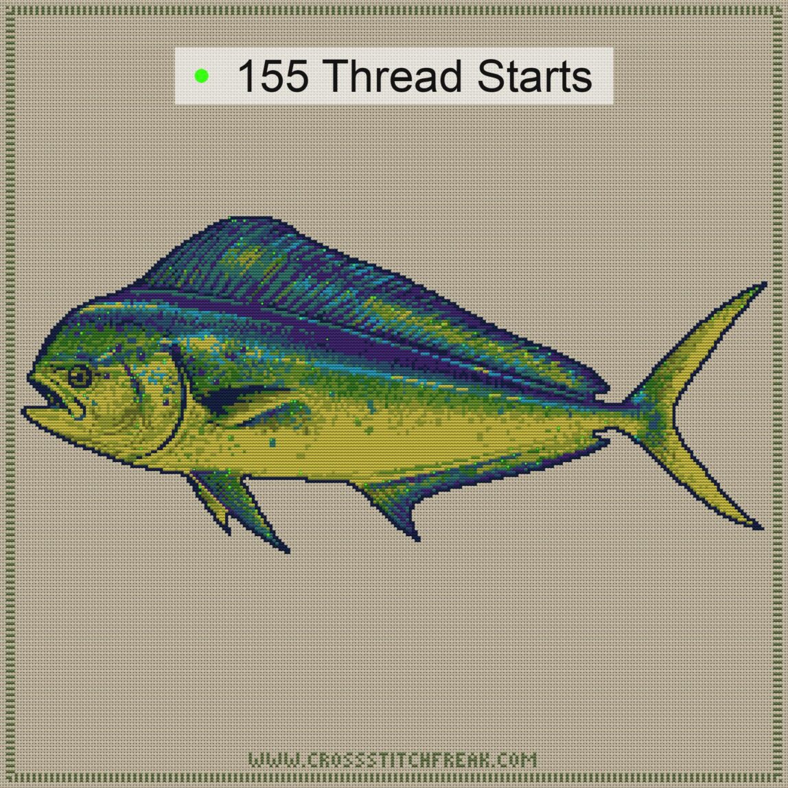 mahi-mahi-coryphaena-hipp thread start point map mahi-mahi-coryphaena-hipp cross stitch start point map with highlighted thread start positions in the full design