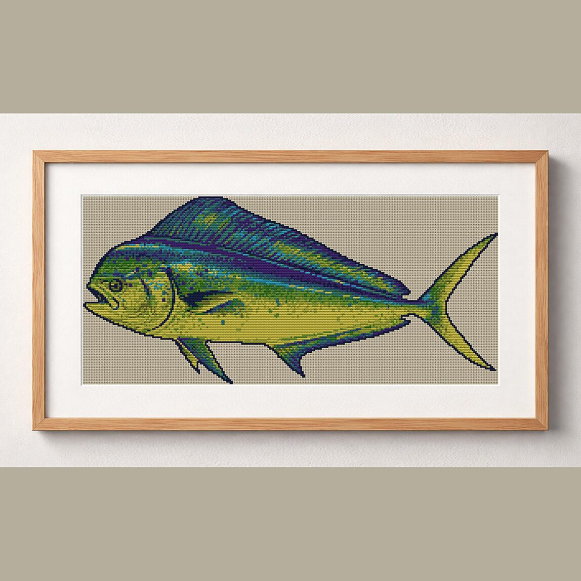 mahi-mahi-coryphaena-hipp framed cross stitch mockup mahi-mahi-coryphaena-hipp framed cross stitch mockup, realistic finished embroidery design, PDF pattern digital download