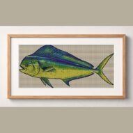 mahi-mahi-coryphaena-hipp framed cross stitch mockup, realistic finished embroidery design, PDF pattern digital download