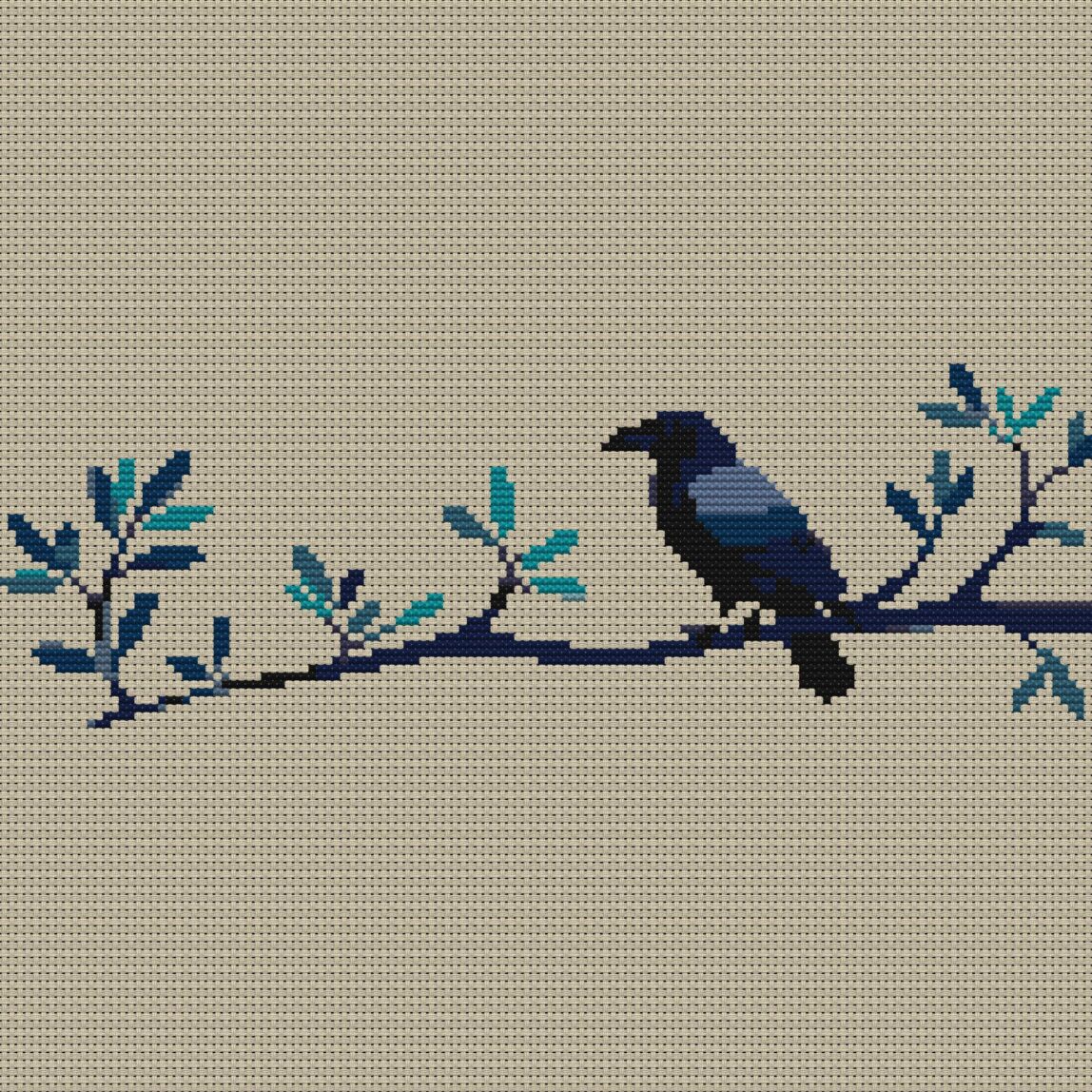 raven-on-branch full design mockup without frame raven-on-branch full cross stitch design mockup without frame, realistic embroidery preview