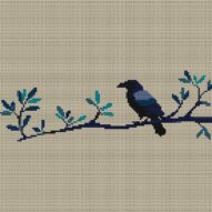 raven-on-branch full cross stitch design mockup without frame, realistic embroidery preview