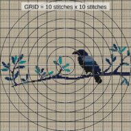 raven-on-branch close-up cross stitch detail showing color changes, confetti areas and stitch texture