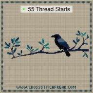 raven-on-branch cross stitch start point map with highlighted thread start positions in the full design