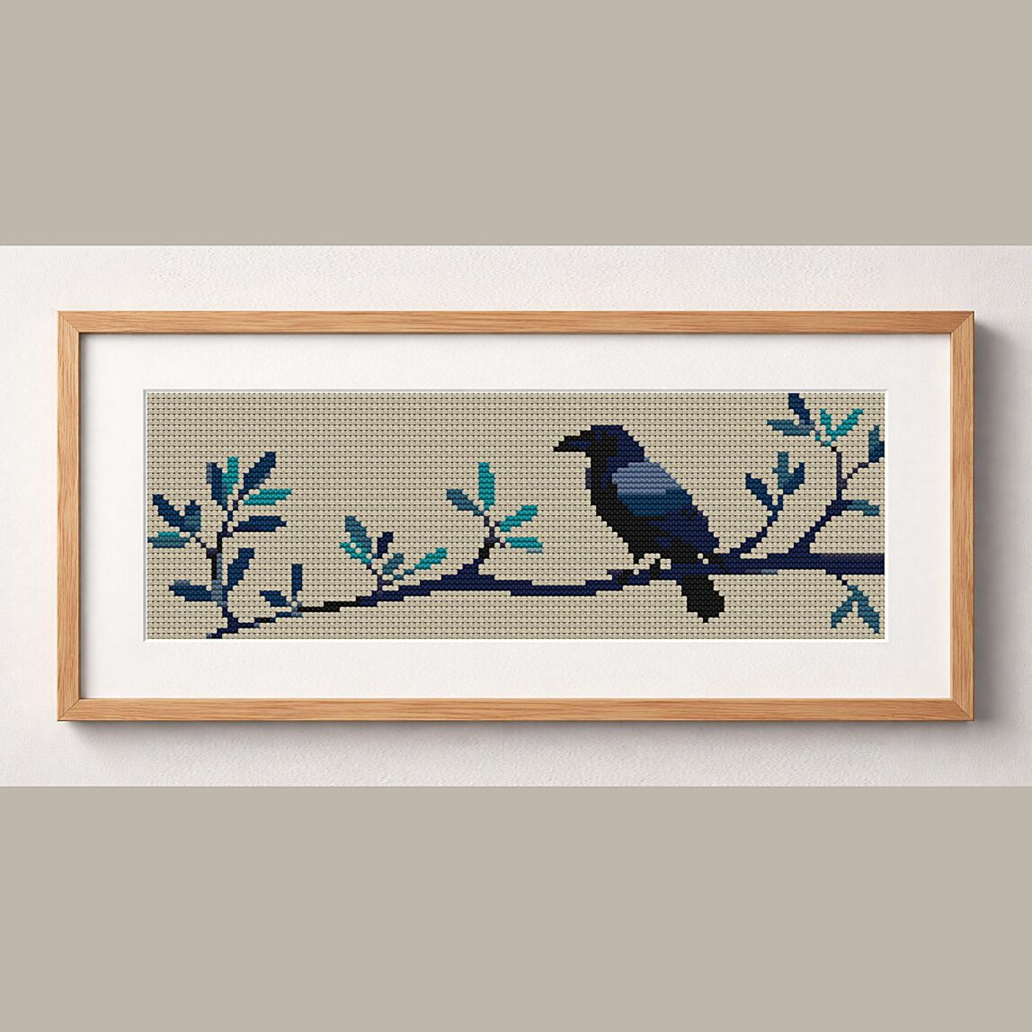 raven-on-branch framed cross stitch mockup raven-on-branch framed cross stitch mockup, realistic finished embroidery design, PDF pattern digital download