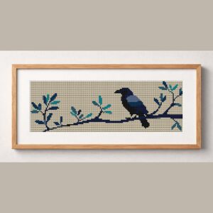 raven-on-branch framed cross stitch mockup, realistic finished embroidery design, PDF pattern digital download