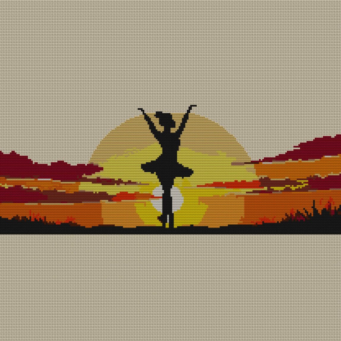 dancer-silhouette-in-f-17 full design mockup without frame dancer-silhouette-in-f-17 full cross stitch design mockup without frame, realistic embroidery preview