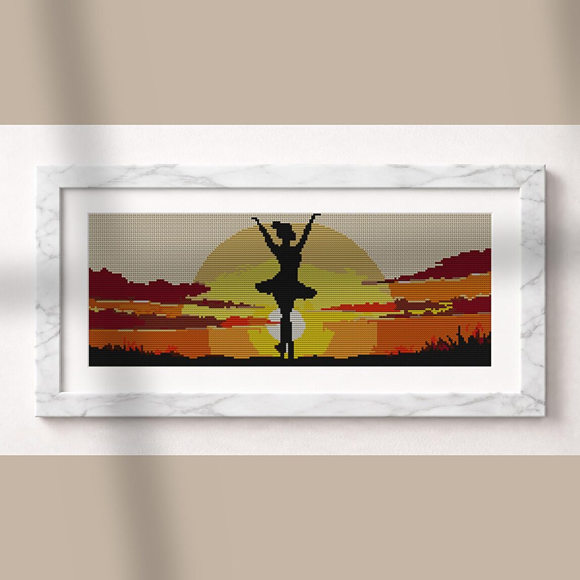 dancer-silhouette-in-f-17 alternative framed mockup dancer-silhouette-in-f-17 alternative framed cross stitch mockup, realistic finished embroidery presentation