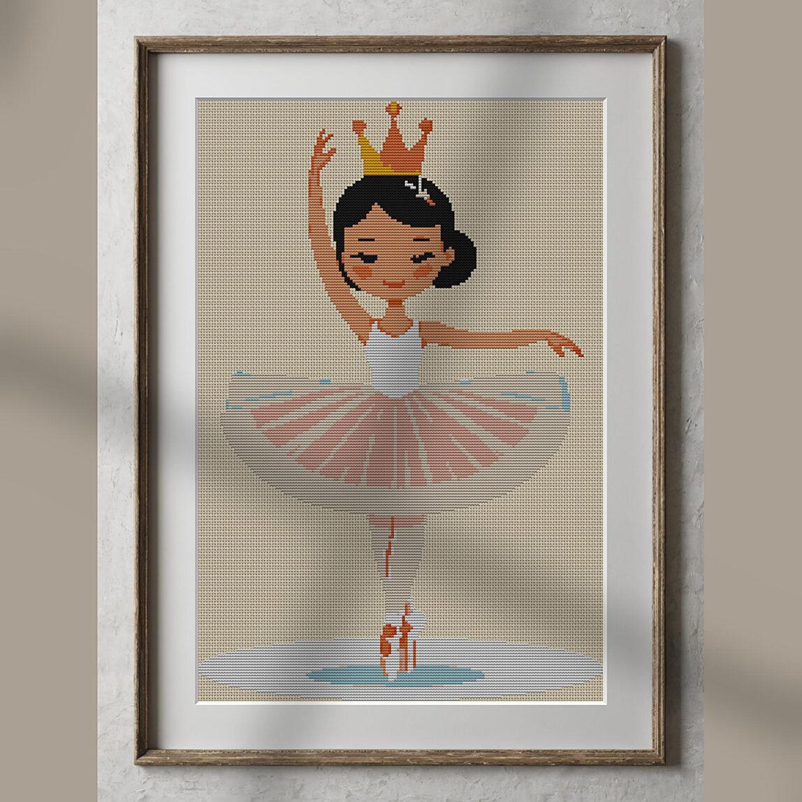ballerina-with-crown alternative framed cross stitch mockup, realistic finished embroidery presentation