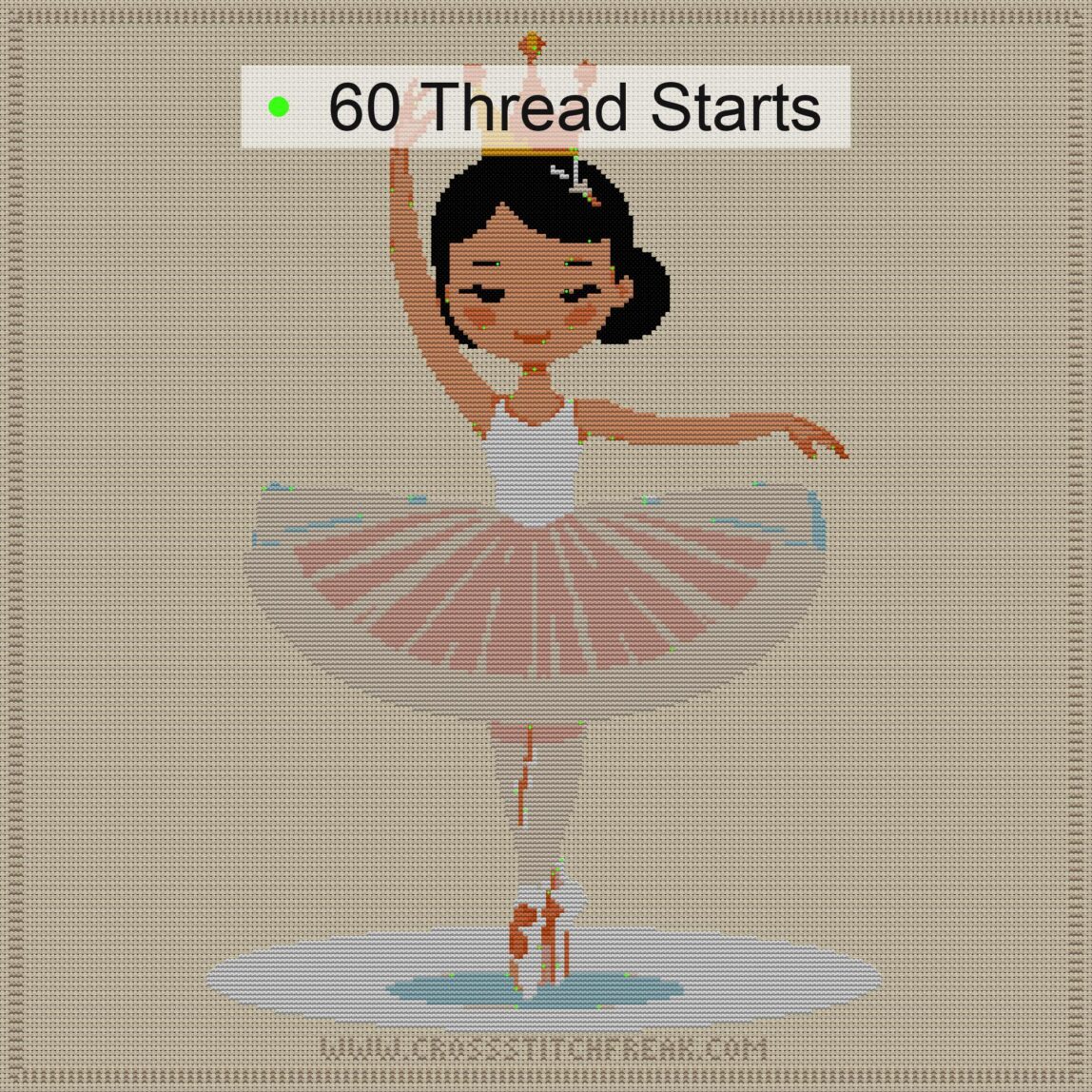 ballerina-with-crown cross stitch start point map with highlighted thread start positions in the full design