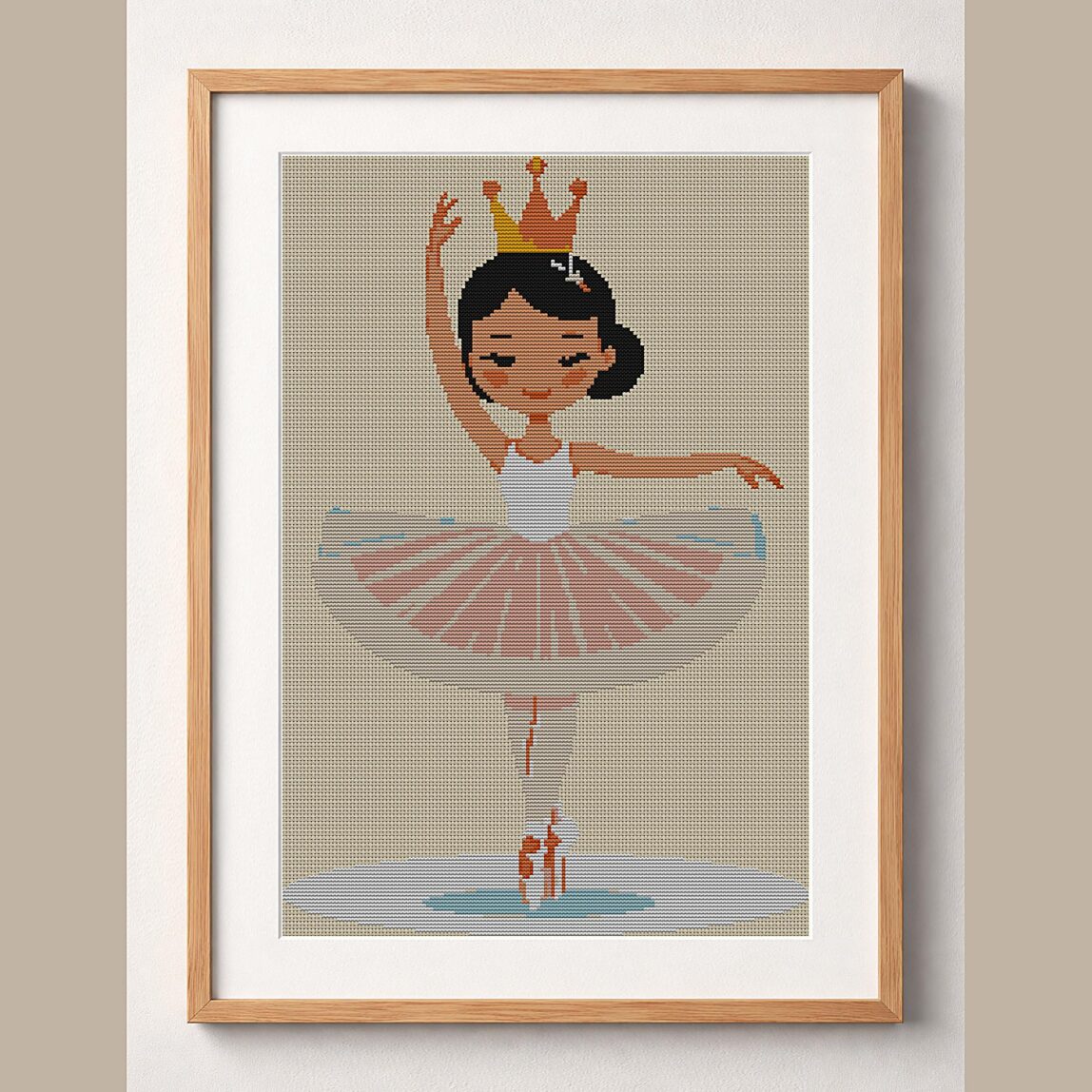 ballerina-with-crown framed cross stitch mockup, realistic finished embroidery design, PDF pattern digital download