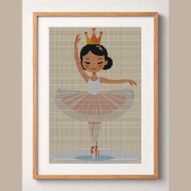 ballerina-with-crown framed cross stitch mockup, realistic finished embroidery design, PDF pattern digital download