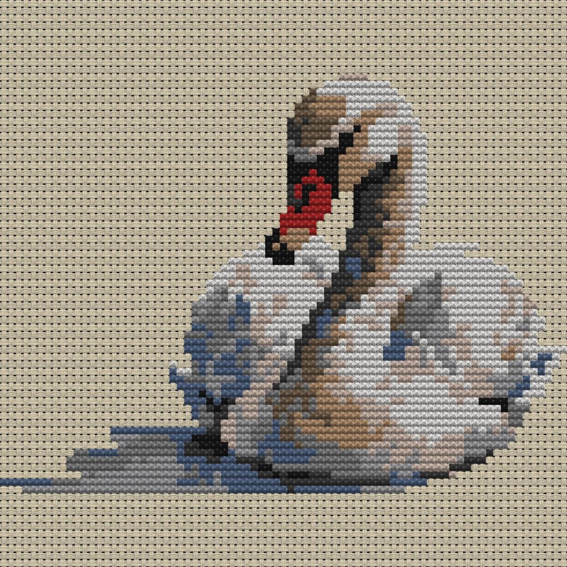 swan-wearing-pearl-neckla full cross stitch design mockup without frame, realistic embroidery preview
