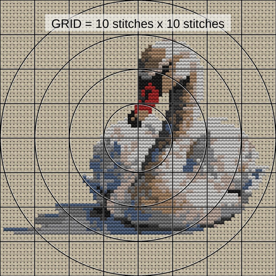 swan-wearing-pearl-neckla close-up cross stitch detail showing color changes, confetti areas and stitch texture