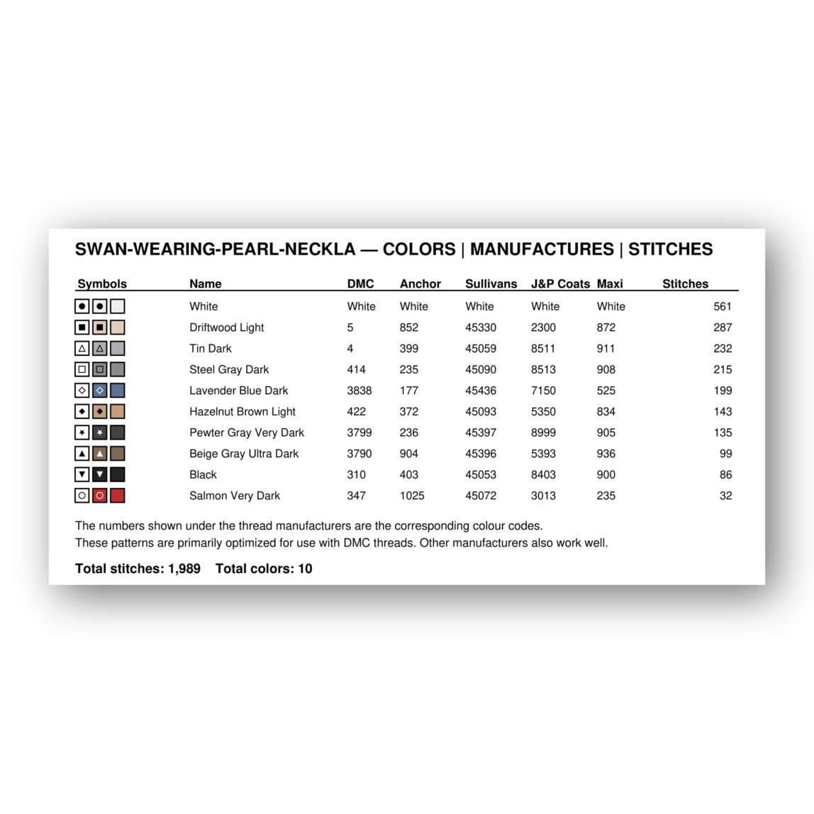swan-wearing-pearl-neckla thread color chart with DMC, Anchor, Sullivans, J&P Coats and Maxi color references