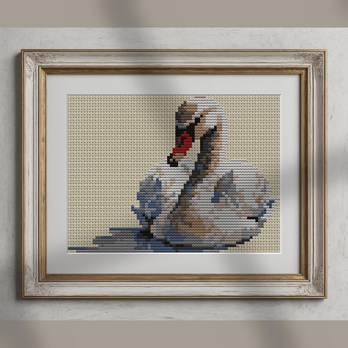 swan-wearing-pearl-neckla alternative framed cross stitch mockup, realistic finished embroidery presentation