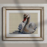 swan-wearing-pearl-neckla alternative framed cross stitch mockup, realistic finished embroidery presentation