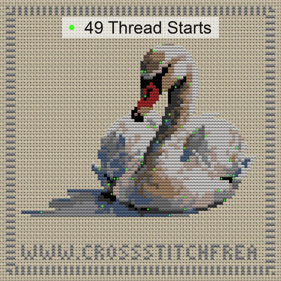swan-wearing-pearl-neckla cross stitch start point map with highlighted thread start positions in the full design