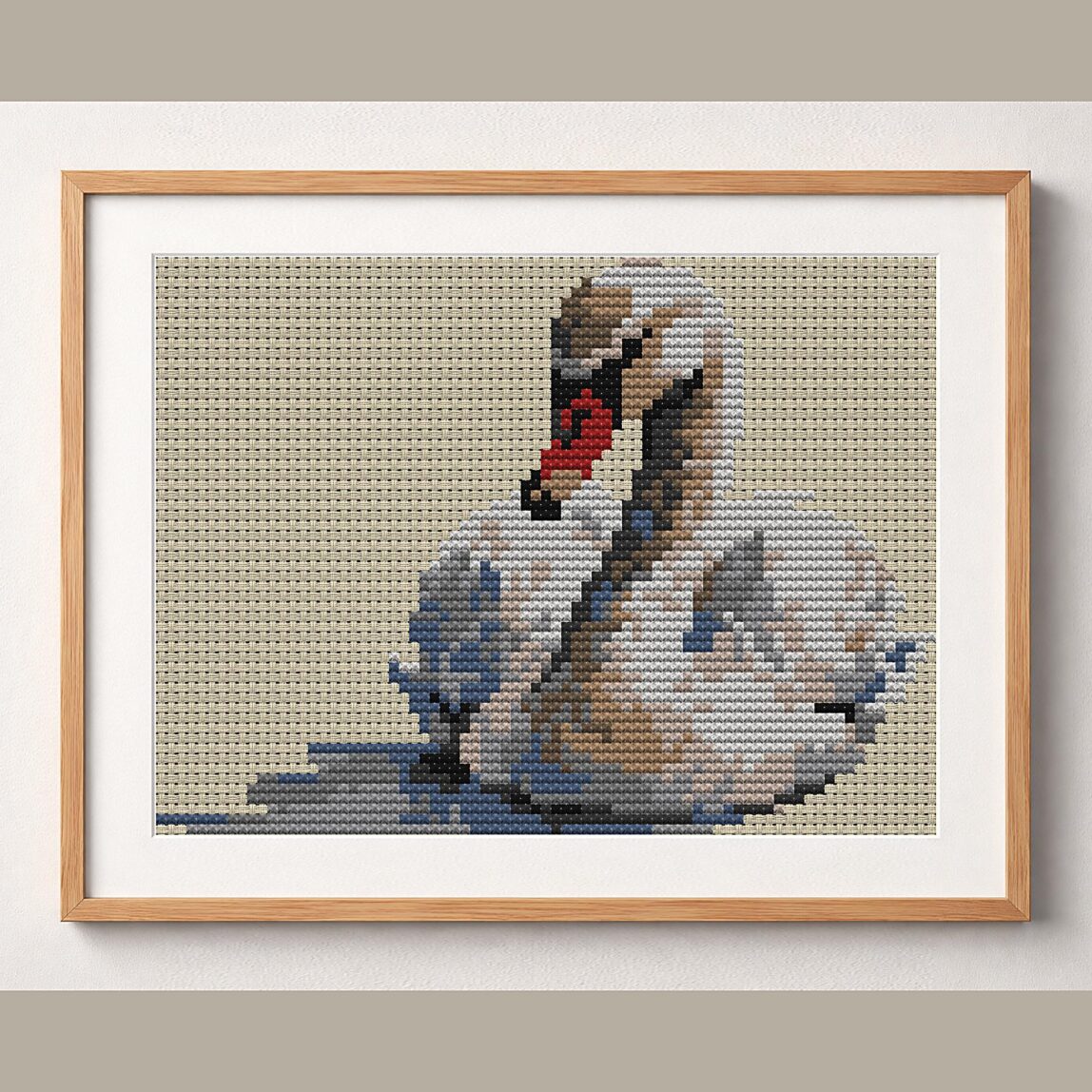 swan-wearing-pearl-neckla framed cross stitch mockup, realistic finished embroidery design, PDF pattern digital download