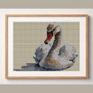 swan-wearing-pearl-neckla framed cross stitch mockup, realistic finished embroidery design, PDF pattern digital download