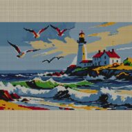 lighthouse full cross stitch design mockup without frame, realistic embroidery preview