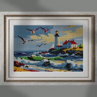 lighthouse alternative framed cross stitch mockup, realistic finished embroidery presentation