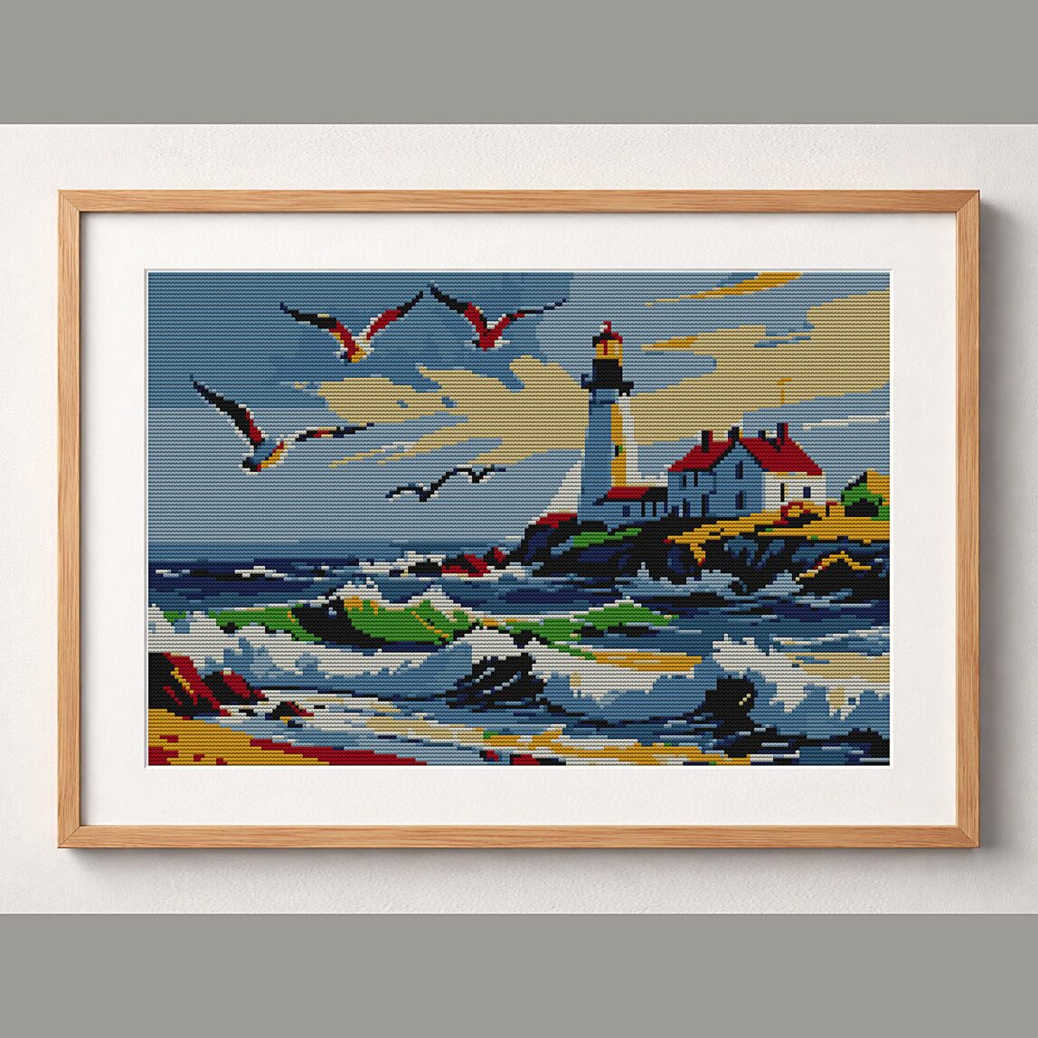 lighthouse framed cross stitch mockup lighthouse framed cross stitch mockup, realistic finished embroidery design, PDF pattern digital download