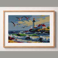 lighthouse framed cross stitch mockup, realistic finished embroidery design, PDF pattern digital download