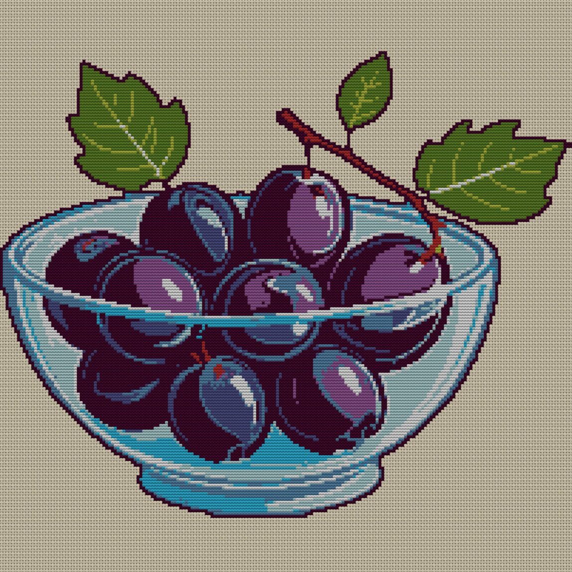 plum-bowl full design mockup without frame plum-bowl full cross stitch design mockup without frame, realistic embroidery preview