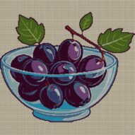 plum-bowl full cross stitch design mockup without frame, realistic embroidery preview