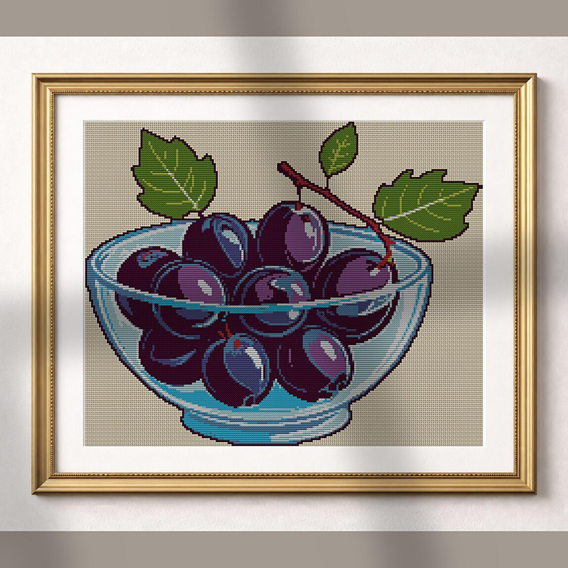 plum-bowl alternative framed mockup plum-bowl alternative framed cross stitch mockup, realistic finished embroidery presentation
