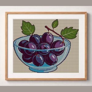 plum-bowl framed cross stitch mockup, realistic finished embroidery design, PDF pattern digital download