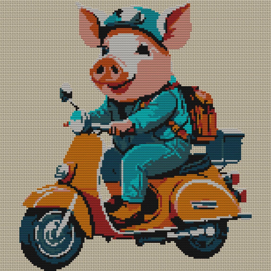 pig-on-scooter full design mockup without frame pig-on-scooter full cross stitch design mockup without frame, realistic embroidery preview