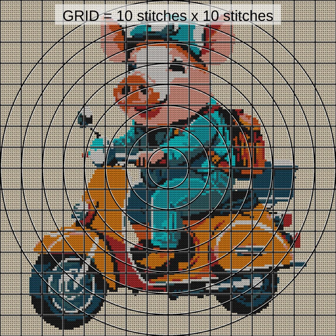 pig-on-scooter zoomed stitching detail pig-on-scooter close-up cross stitch detail showing color changes, confetti areas and stitch texture