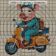 pig-on-scooter close-up cross stitch detail showing color changes, confetti areas and stitch texture