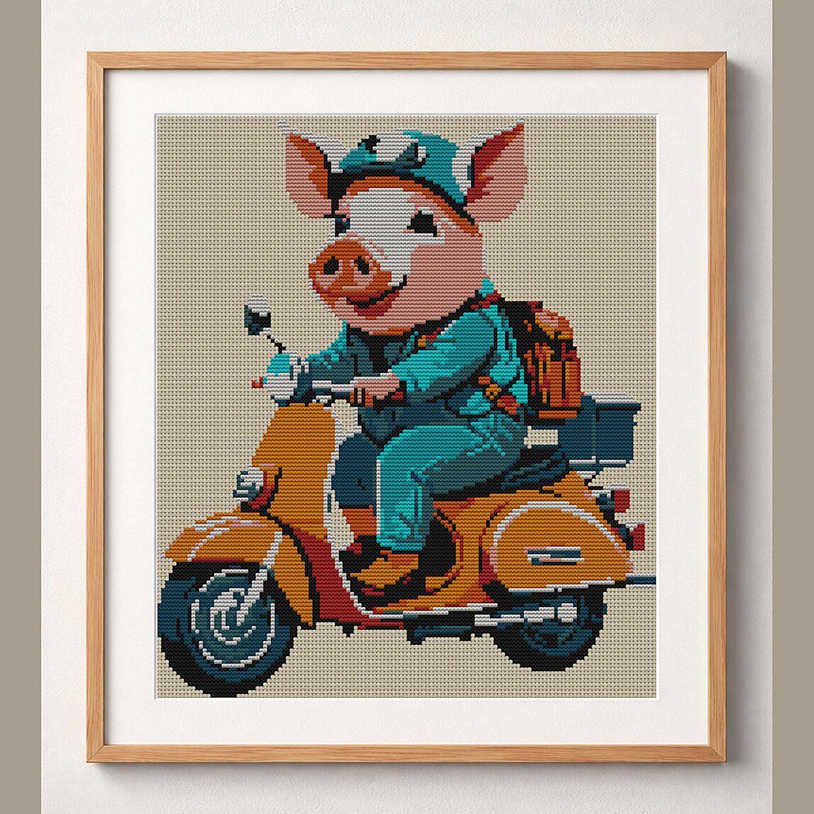 pig-on-scooter framed cross stitch mockup pig-on-scooter framed cross stitch mockup, realistic finished embroidery design, PDF pattern digital download