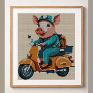 pig-on-scooter framed cross stitch mockup, realistic finished embroidery design, PDF pattern digital download