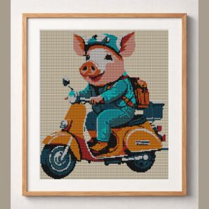 pig-on-scooter framed cross stitch mockup, realistic finished embroidery design, PDF pattern digital download
