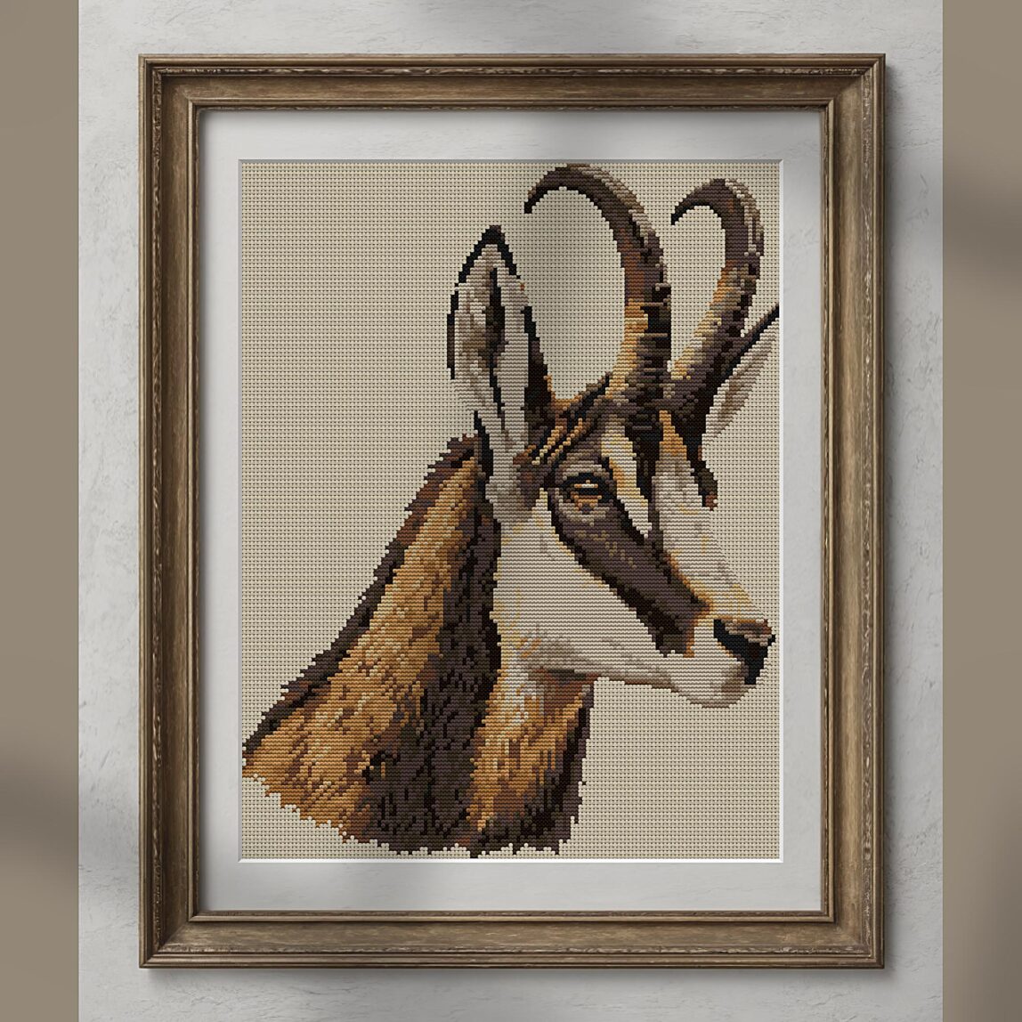 alpine-chamois-rupicapra alternative framed mockup alpine-chamois-rupicapra alternative framed cross stitch mockup, realistic finished embroidery presentation