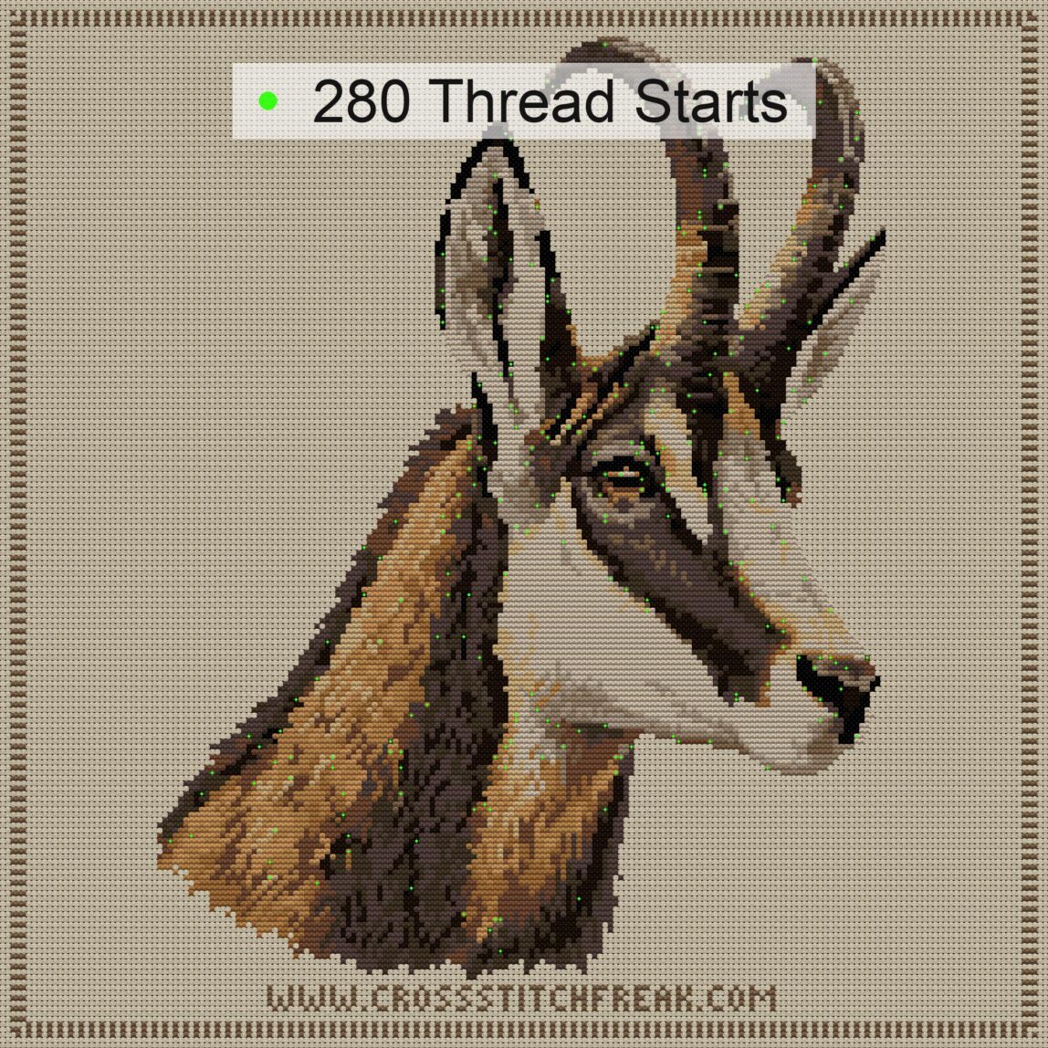 alpine-chamois-rupicapra thread start point map alpine-chamois-rupicapra cross stitch start point map with highlighted thread start positions in the full design