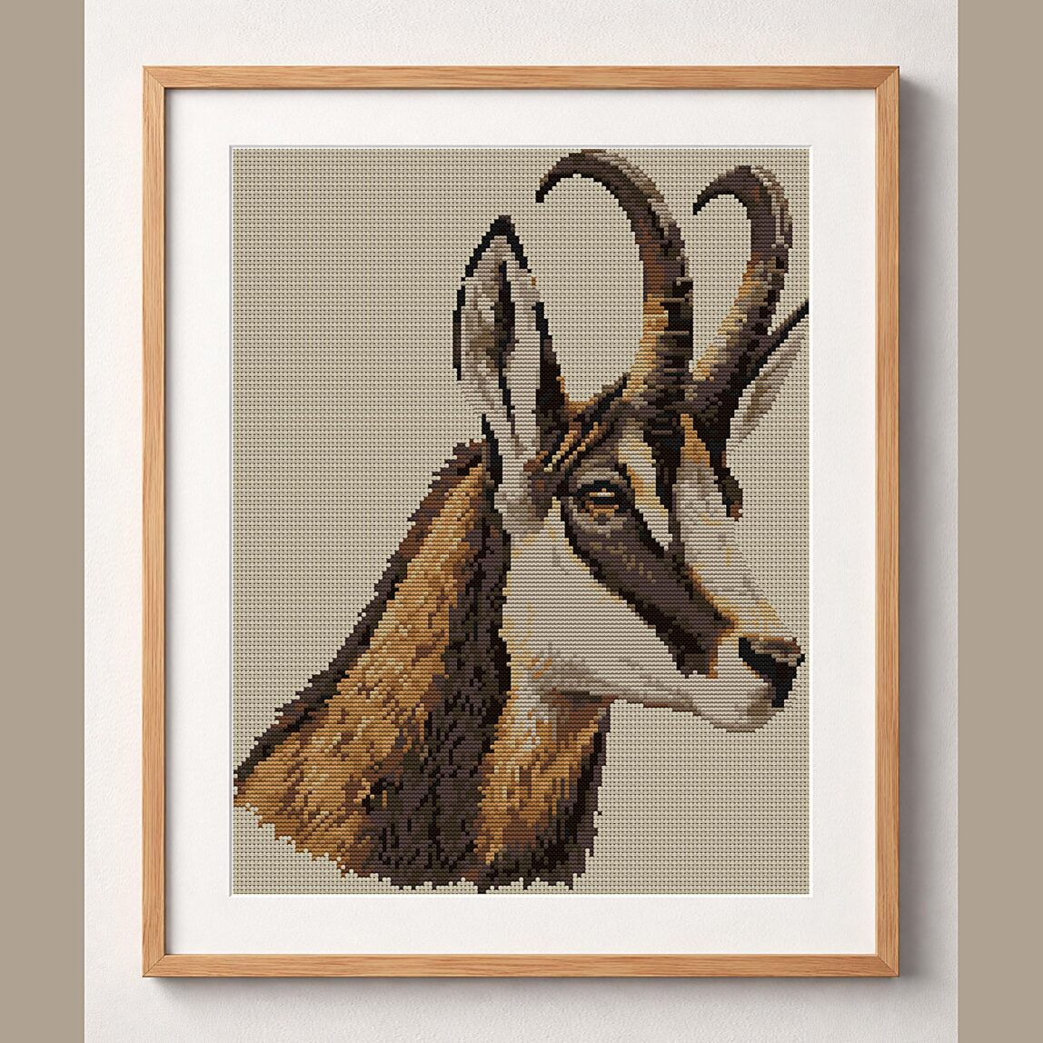 alpine-chamois-rupicapra framed cross stitch mockup alpine-chamois-rupicapra framed cross stitch mockup, realistic finished embroidery design, PDF pattern digital download