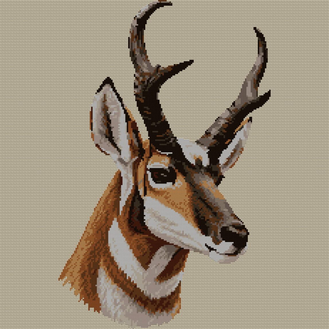 pronghorn-antilocapra-ame full cross stitch design mockup without frame, realistic embroidery preview