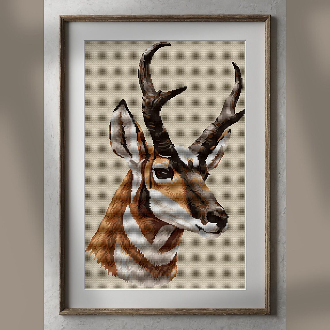 pronghorn-antilocapra-ame alternative framed cross stitch mockup, realistic finished embroidery presentation