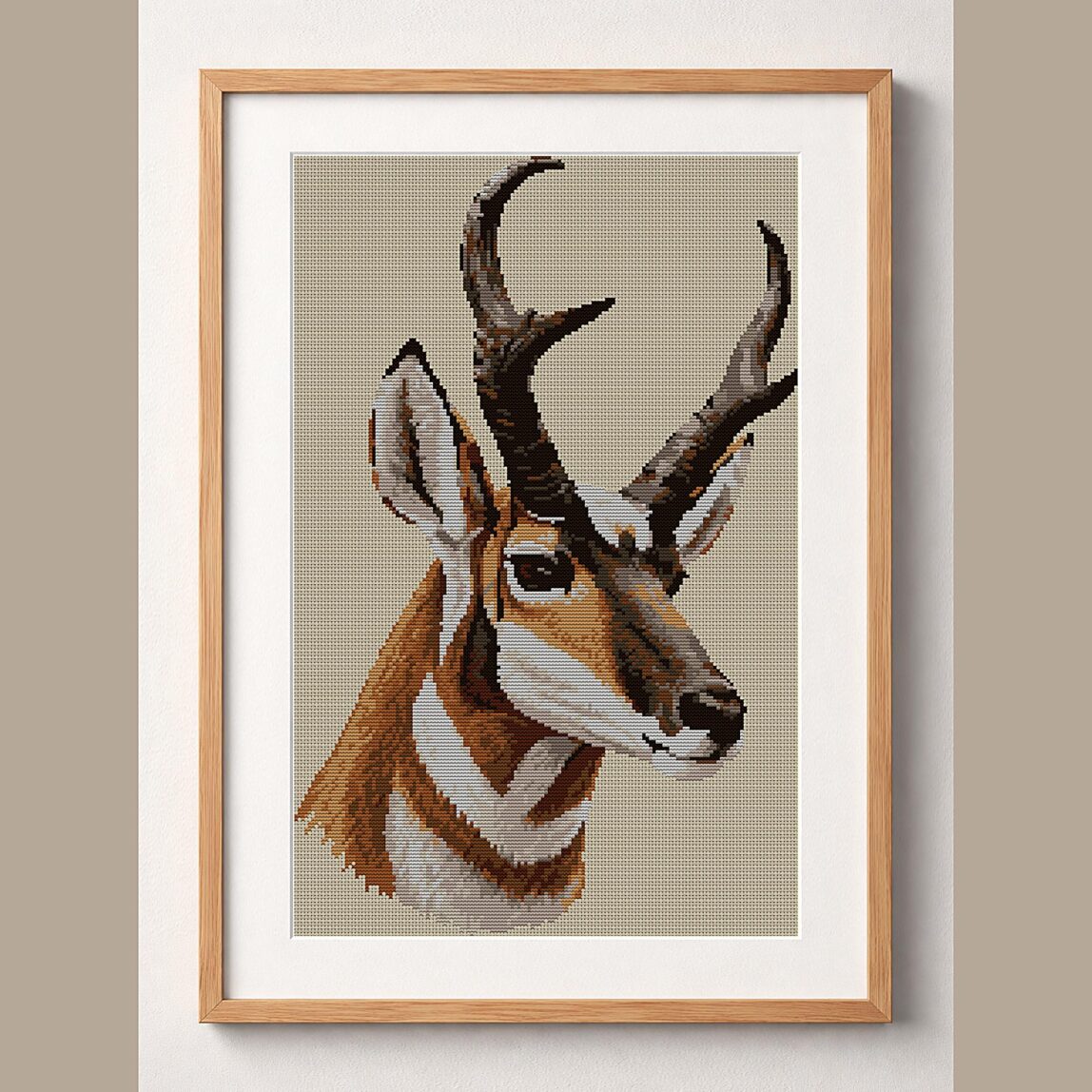 pronghorn-antilocapra-ame framed cross stitch mockup, realistic finished embroidery design, PDF pattern digital download