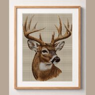 white-tailed-deer-odocoil framed cross stitch mockup, realistic finished embroidery design, PDF pattern digital download