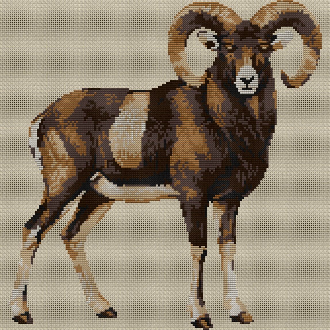 european-mouflon-ovis-gme full cross stitch design mockup without frame, realistic embroidery preview