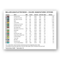 mallard-anas-platyrhyncho thread color chart with DMC, Anchor, Sullivans, J&P Coats and Maxi color references