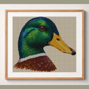 mallard-anas-platyrhyncho framed cross stitch mockup, realistic finished embroidery design, PDF pattern digital download