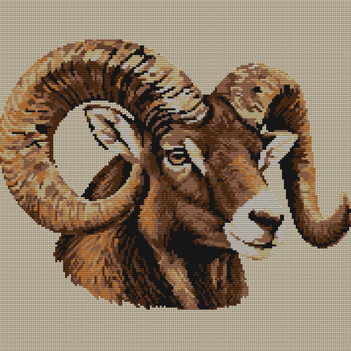 bighorn-sheep-ovis-canade full design mockup without frame bighorn-sheep-ovis-canade full cross stitch design mockup without frame, realistic embroidery preview