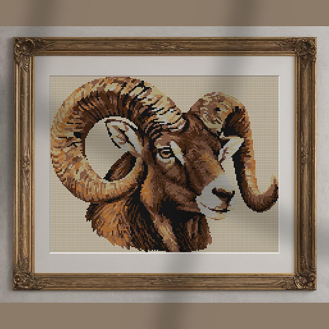 bighorn-sheep-ovis-canade alternative framed mockup bighorn-sheep-ovis-canade alternative framed cross stitch mockup, realistic finished embroidery presentation